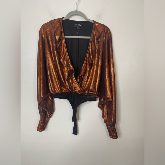 RETROFETE Fiona Metallic Ruffle Bodysuit Rust L $250 Plunge Puff Sleeve - Picture 4 of 10